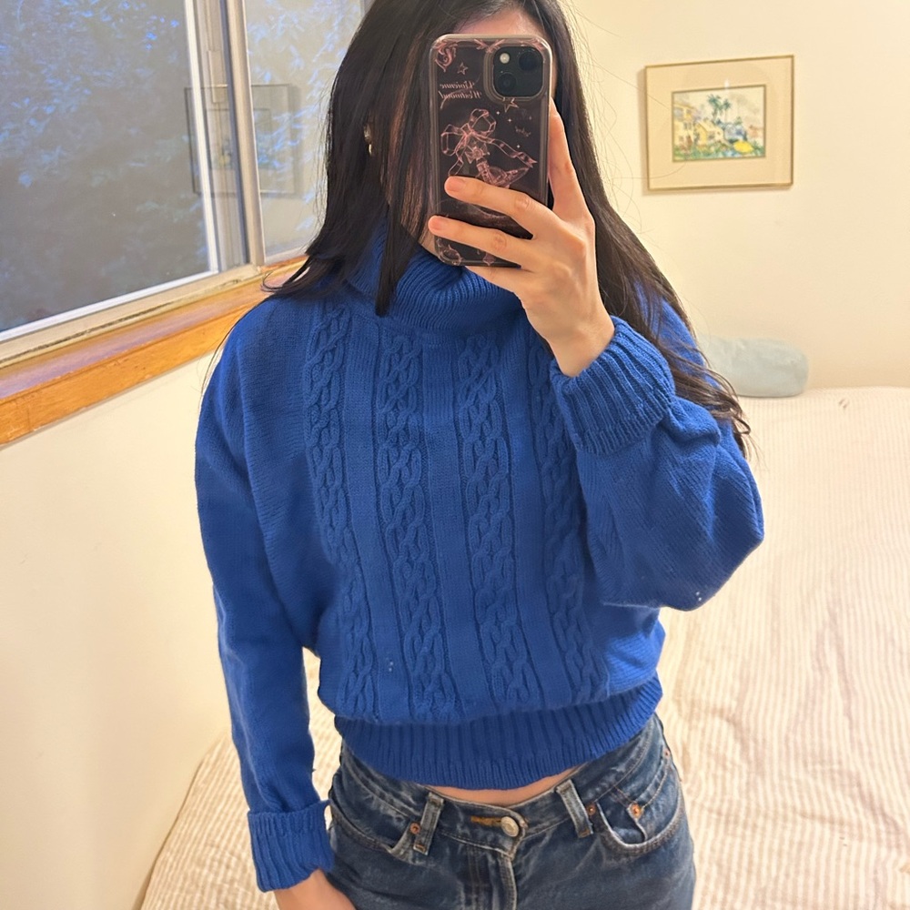 Vintage 100% Wool Cobalt Blue Chunky Cable Knit Turtleneck Sweater